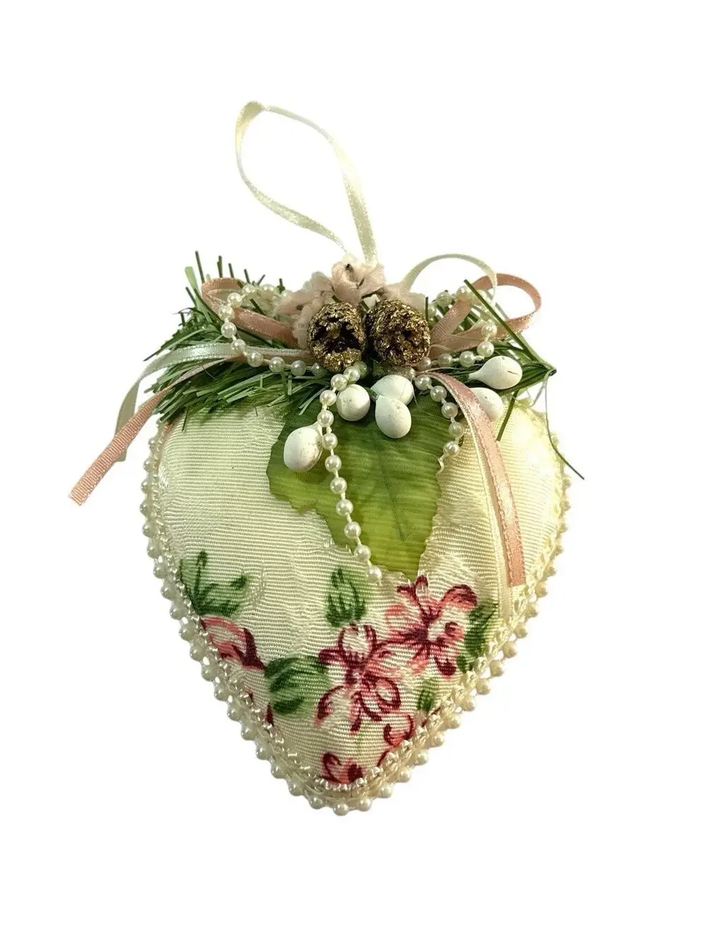 Vintage Victorian Floral Fabric Heart Christmas Ornament Pearl Pinecone 4”